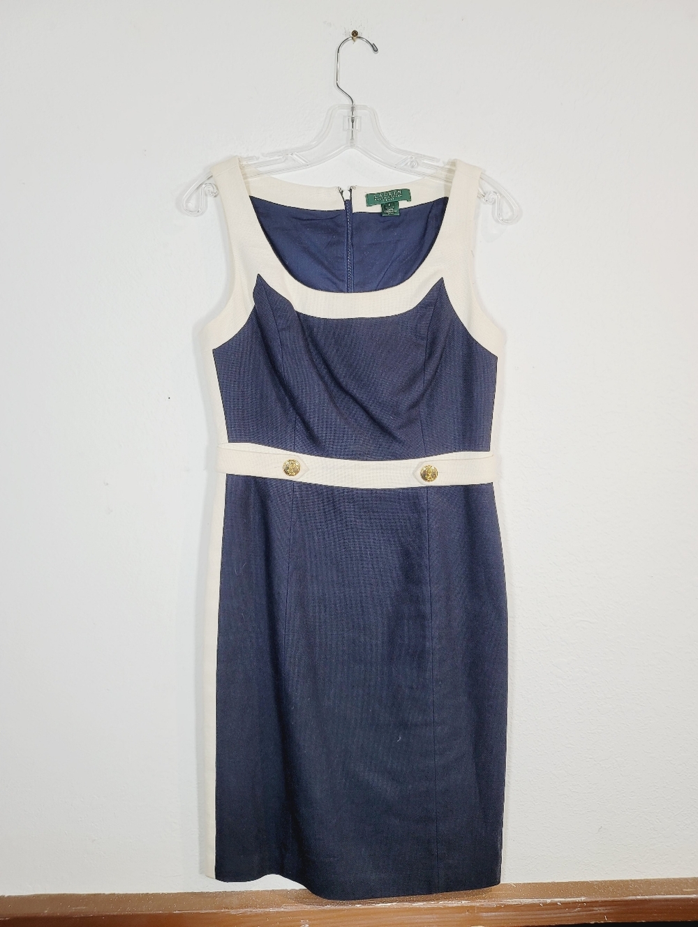 Ralph Lauren Linen Navy and Cream Contrast Sheath Dress, Size 4